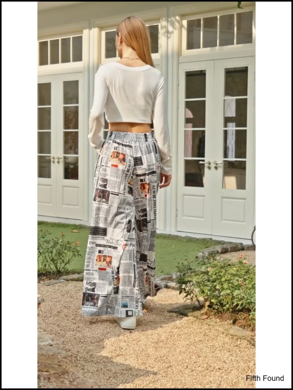 Women's Wide Leg Palazzo Pants with Newspaper Print Elastic Waist Loose Fit